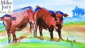 En Plein Air Cow Painting - The Sunday Art Show - Rust Red Poll Steer in a Devon field
